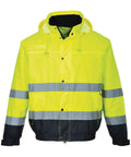 Portwest's PW001 features a bright yellow safety jacket with reflective silver stripes, front pockets, and a hood.