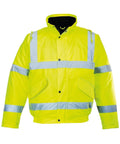 The PW001 by Portwest is a bright yellow high-visibility jacket with silver reflective stripes on the arms and body, two front pockets, and a high collar.