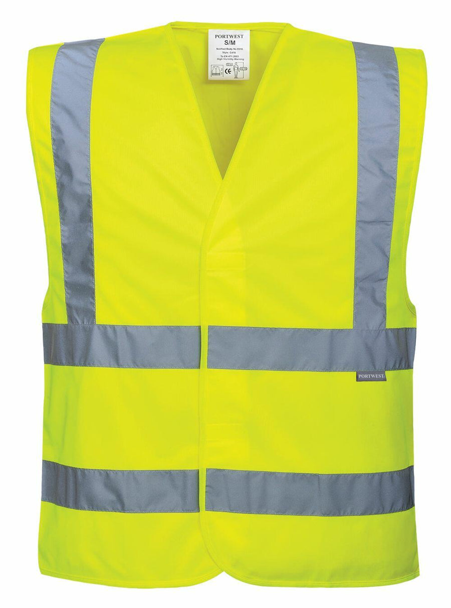 A Portwest PW002 safety vest in bright yellow, featuring gray reflective stripes and a label on the inside collar.