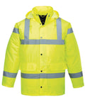 Portwest's PW003 safety jacket is a high-visibility yellow garment featuring reflective gray stripes, a hood, and front pockets.