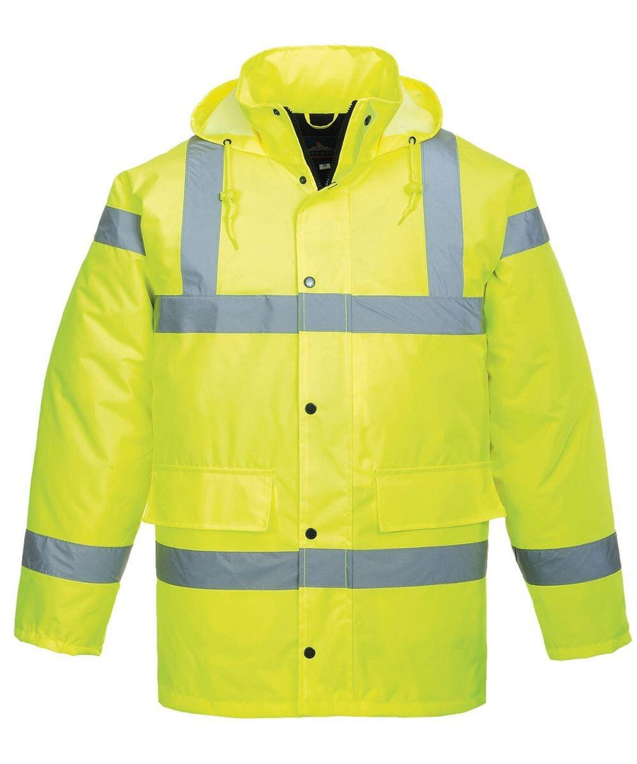 Portwest's PW003 safety jacket is a high-visibility yellow garment featuring reflective gray stripes, a hood, and front pockets.
