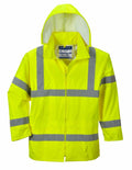 A Portwest PW011 waterproof jacket in bright yellow with reflective stripes and a hood, showcased against a white background.