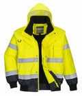 The Portwest PW013 is a high-visibility jacket in vibrant yellow, complete with reflective stripes, a hood, several pockets, and stylish black trimming.