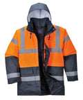 The Portwest PW022 is a high-visibility jacket in orange and navy, featuring reflective stripes and a hood, displayed against a white background.