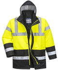 The Portwest PW022 is a high-visibility jacket in yellow and black featuring reflective stripes and a hood.