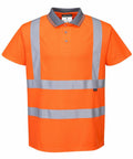Portwest PW024 high-visibility polo shirt with gray reflective stripes, black collar details, and a buttoned neckline.