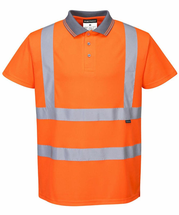 Portwest PW024 high-visibility polo shirt with gray reflective stripes, black collar details, and a buttoned neckline.