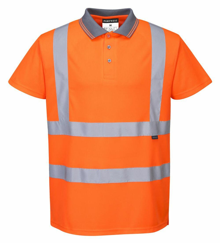 Portwest PW024 orange short-sleeve safety shirt featuring gray reflective stripes and a collar.