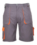The PW025 shorts by Portwest feature a gray design with orange pocket linings, a front button and zipper closure, and multiple cargo pockets.