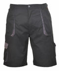 A pair of Portwest PW025 black cargo shorts with side pockets and a button closure at the waistband.