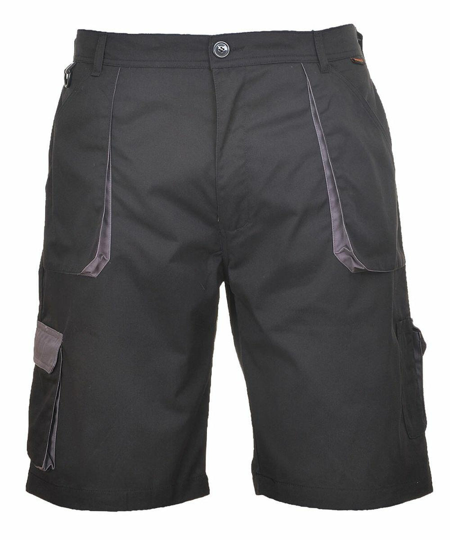 A pair of Portwest PW025 black cargo shorts with side pockets and a button closure at the waistband.