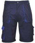 Portwest's PW025 cargo shorts in dark blue come with a button and zip fly closure, featuring multiple pockets and blue accents.