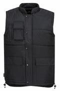 The Portwest PW027 is a black insulated winter vest featuring multiple pockets and snap buttons.