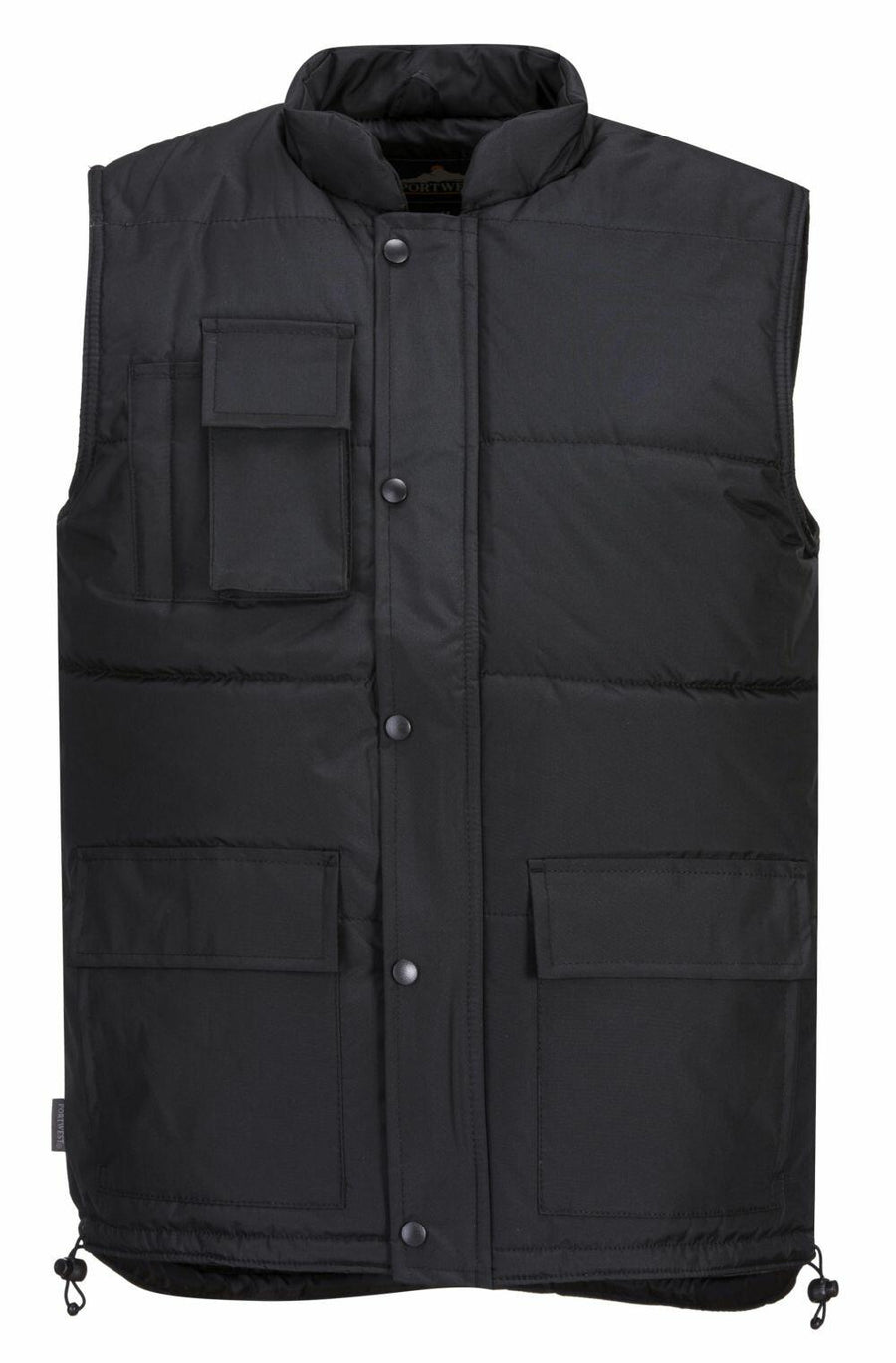 The Portwest PW027 is a black insulated winter vest featuring multiple pockets and snap buttons.