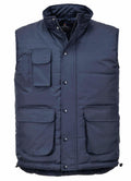 The sentence can be rewritten as: "Portwest's PW027 is a navy blue padded vest featuring a high collar, multiple pockets, and a button closure.