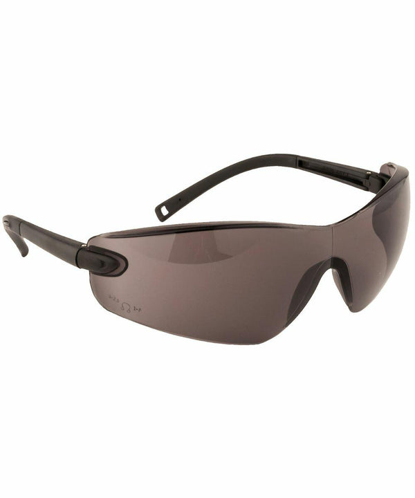 A pair of black, wraparound safety glasses with dark tinted lenses, the PW033 by Portwest.