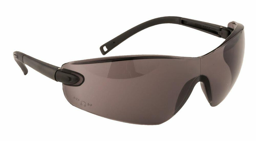 Portwest PW033 wraparound sunglasses with dark lenses and black earpieces showcased on a white background.