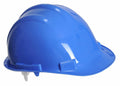 A Portwest PW039 construction hard hat in blue with a glossy finish, depicted from the side.