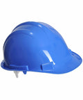 A blue Portwest PW039 safety hard hat with a smooth, glossy surface and an adjustable strap at the back.