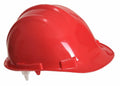 A Portwest PW039 hard hat with a smooth, glossy red surface is shown against a plain white background.