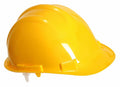 A Portwest PW039 construction hard hat in bright yellow is showcased against a white background, emphasizing its glossy surface and straightforward design.