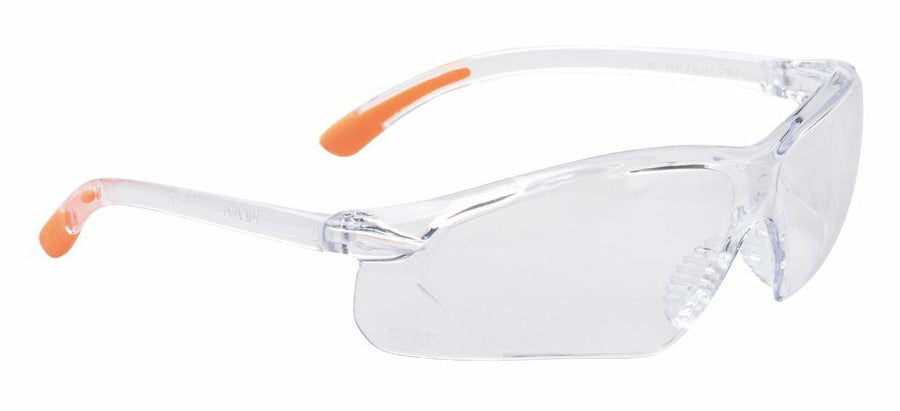 Portwest PW046 safety glasses featuring orange-tipped temples.