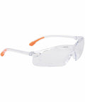 Portwest PW046 clear safety glasses with transparent lenses and orange tips on the arms.