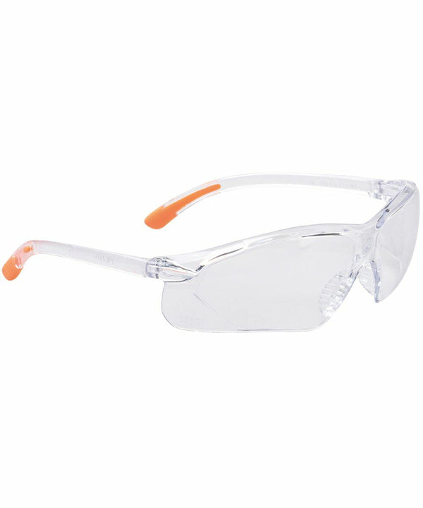 Portwest PW046 clear safety glasses with transparent lenses and orange tips on the arms.