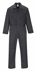 Introducing the PW065 by Portwest, a dark gray industrial coverall featuring long sleeves and multiple front zipper pockets.