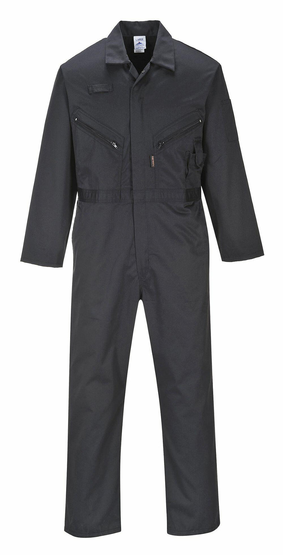 Introducing the PW065 by Portwest, a dark gray industrial coverall featuring long sleeves and multiple front zipper pockets.