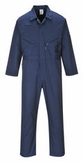 A Portwest PW065 navy blue coverall featuring long sleeves and zippered chest pockets, laid flat against a white background.