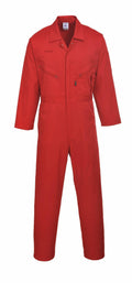 Portwest PW065 coverall in red, featuring a front zipper and pockets, showcased against a plain white background.