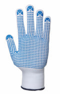 A Portwest PW070 safety glove in white, featuring blue rubber grips on the palm and fingers, displayed upright.