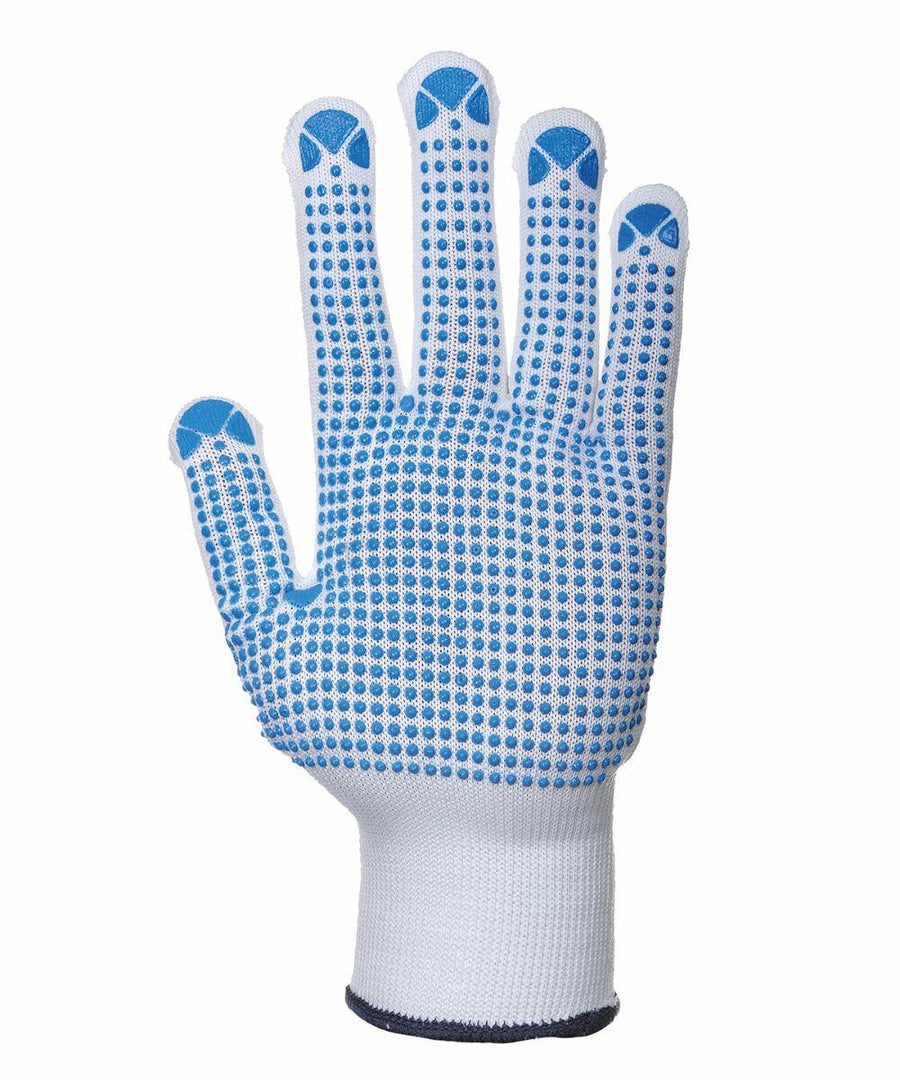 A Portwest PW070 white protective glove with blue dotted patterns on fingers and palm, shown in an upright hand position against a plain white background.