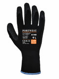 Portwest's PW071 black cut-resistant glove includes a blue wristband, with safety certifications and size details printed on the front.