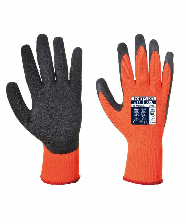 Orange and black PW071 protective gloves by Portwest, shown front and back, featuring labels with safety certifications and an XXL size.