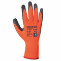 A safety glove featuring an orange design with black fingertips and palm, displaying the text "PW071" from the Portwest brand, along with "9/L," safety icons, and certification details.