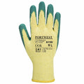 Portwest's PW072 work glove in yellow and green is size 9/L and meets CE and ANSI A1 cut safety standards.