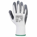 White Portwest safety glove, model PW074, featuring gray fingertips and grip, along with certification codes and size 9L details.