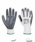 Pair of white gloves with grey coating on the palm and fingers. The back of the left glove displays manufacturer information including the brand name "Portwest" and model "PW074" with safety certifications.