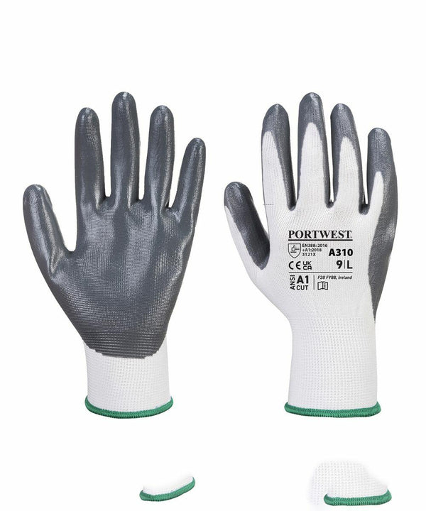 Pair of white gloves with grey coating on the palm and fingers. The back of the left glove displays manufacturer information including the brand name "Portwest" and model "PW074" with safety certifications.
