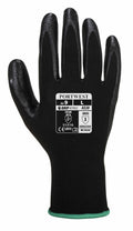 A Portwest PW075 black nitrile grip glove, featuring size markings and safety standards on the back, with a textured surface on the palm and fingers.