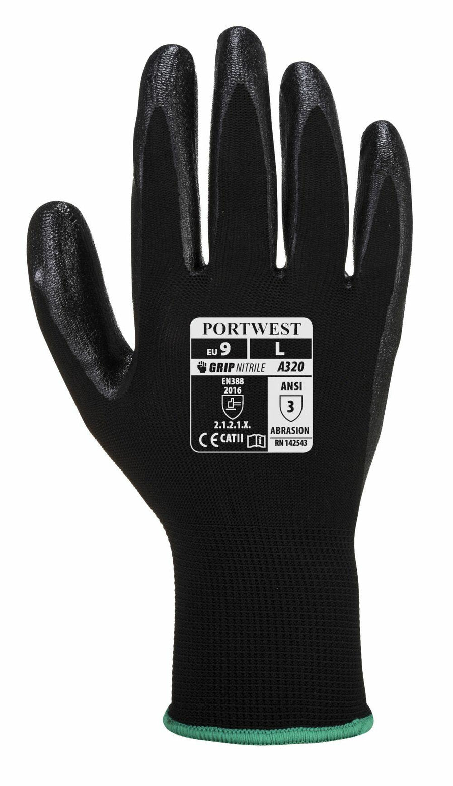 A Portwest PW075 black nitrile grip glove, featuring size markings and safety standards on the back, with a textured surface on the palm and fingers.