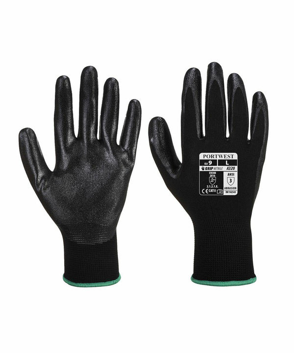 Black gloves with a label on one glove showing the brand "Portwest," product name "PW075," size "9," and safety standards. The gloves appear to be made of a combination of fabric and coated material.