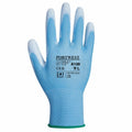 A Portwest protective glove, model PW081, in blue and white featuring printed safety standards and size information on the back.