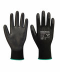 A pair of black protective gloves labeled "Portwest PW081 9/L" with safety certification markings on the back. The cuffs have green edges.