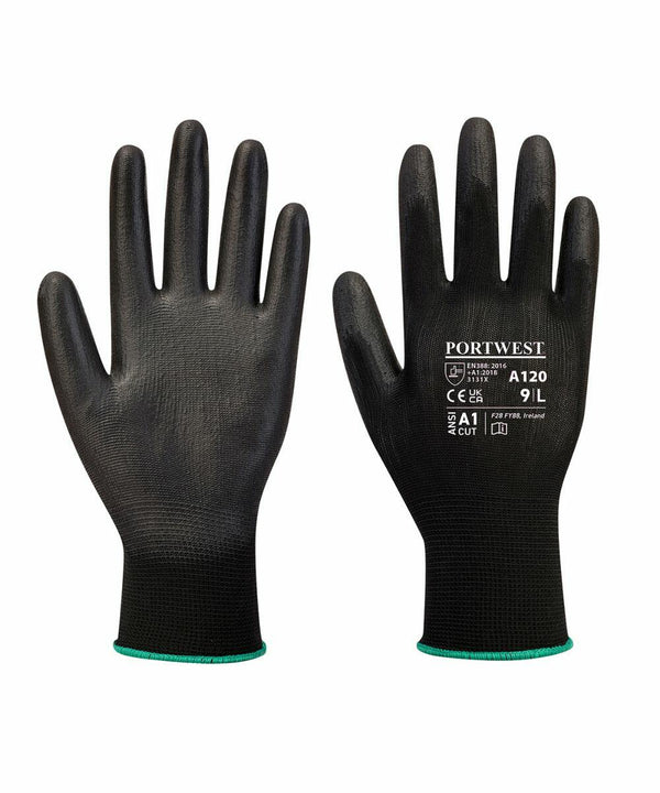 A pair of black protective gloves labeled "Portwest PW081 9/L" with safety certification markings on the back. The cuffs have green edges.