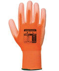 Orange and black work glove featuring safety specifications and branded with "Portwest" on the palm, identified as product PW081.