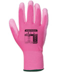 A pink work glove, branded as PW081 by Portwest, is designed for industrial or construction use. It features a breathable back for comfort and a black label on the back displaying the brand's information and safety standards.
