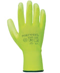 A vivid yellow Portwest safety glove, model PW081, featuring printed text on the back with safety standards and size information, showcased against a white background.